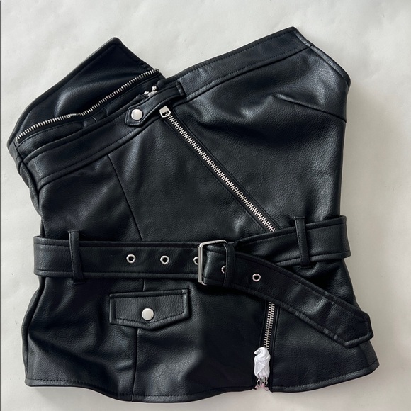 ZARA Black Leather Edgy Moto Biker Style Belted Strapless Tube Top Size S - Picture 7 of 9